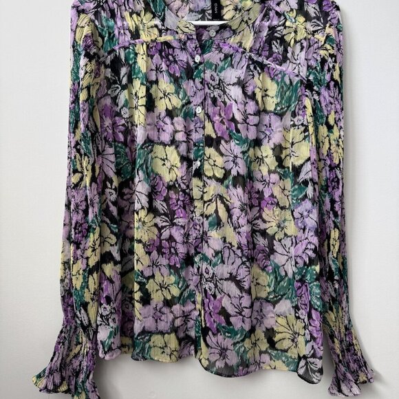 MNG Tops - MNG Size 6 Elegant Floral Print Pleated Blouse with Bell Sleeves - Purple Yellow
